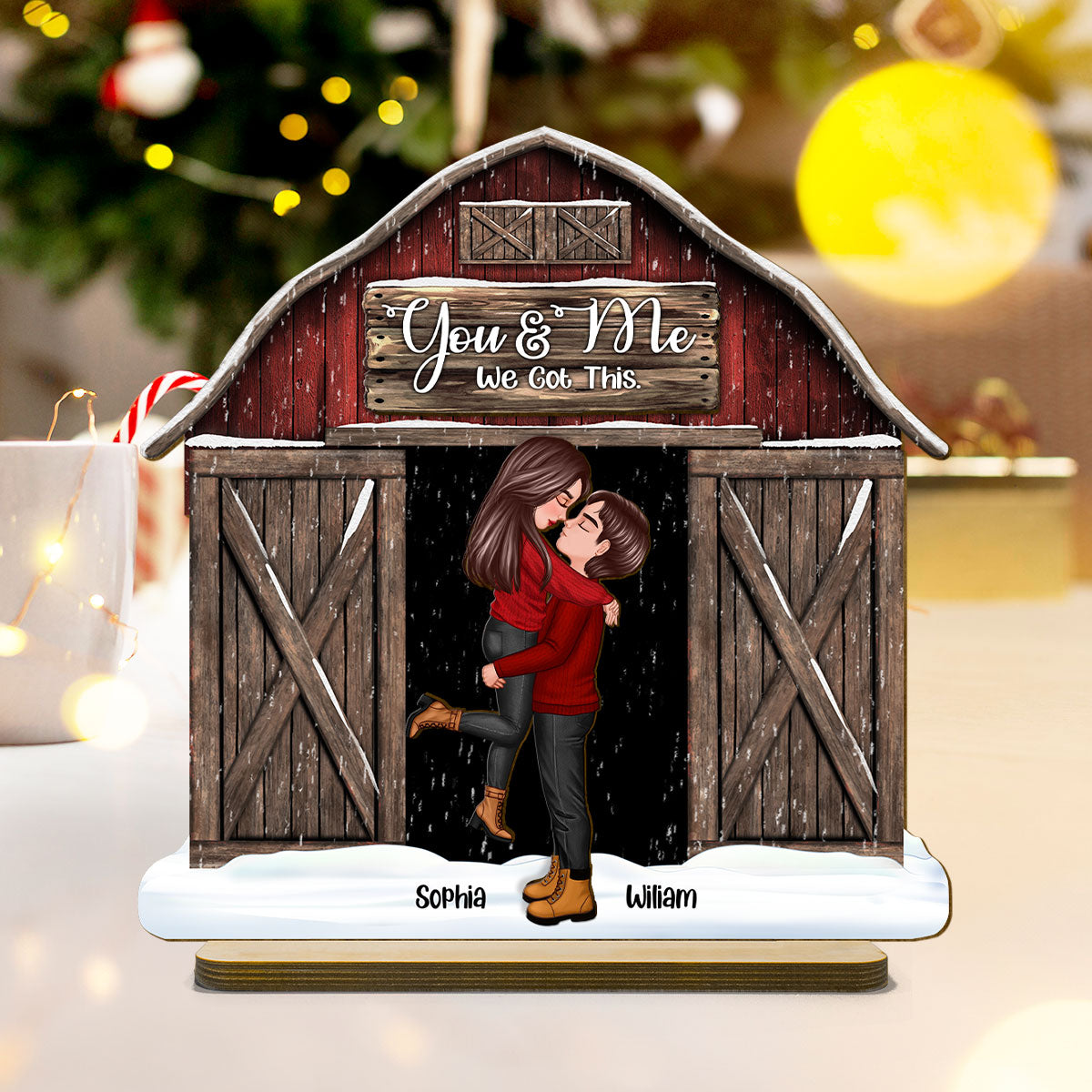 Red Barn Christmas Couple Kissing Personalized 2-Layer Standing Wooden Plaque, Christmas Tiered Tray Decor
