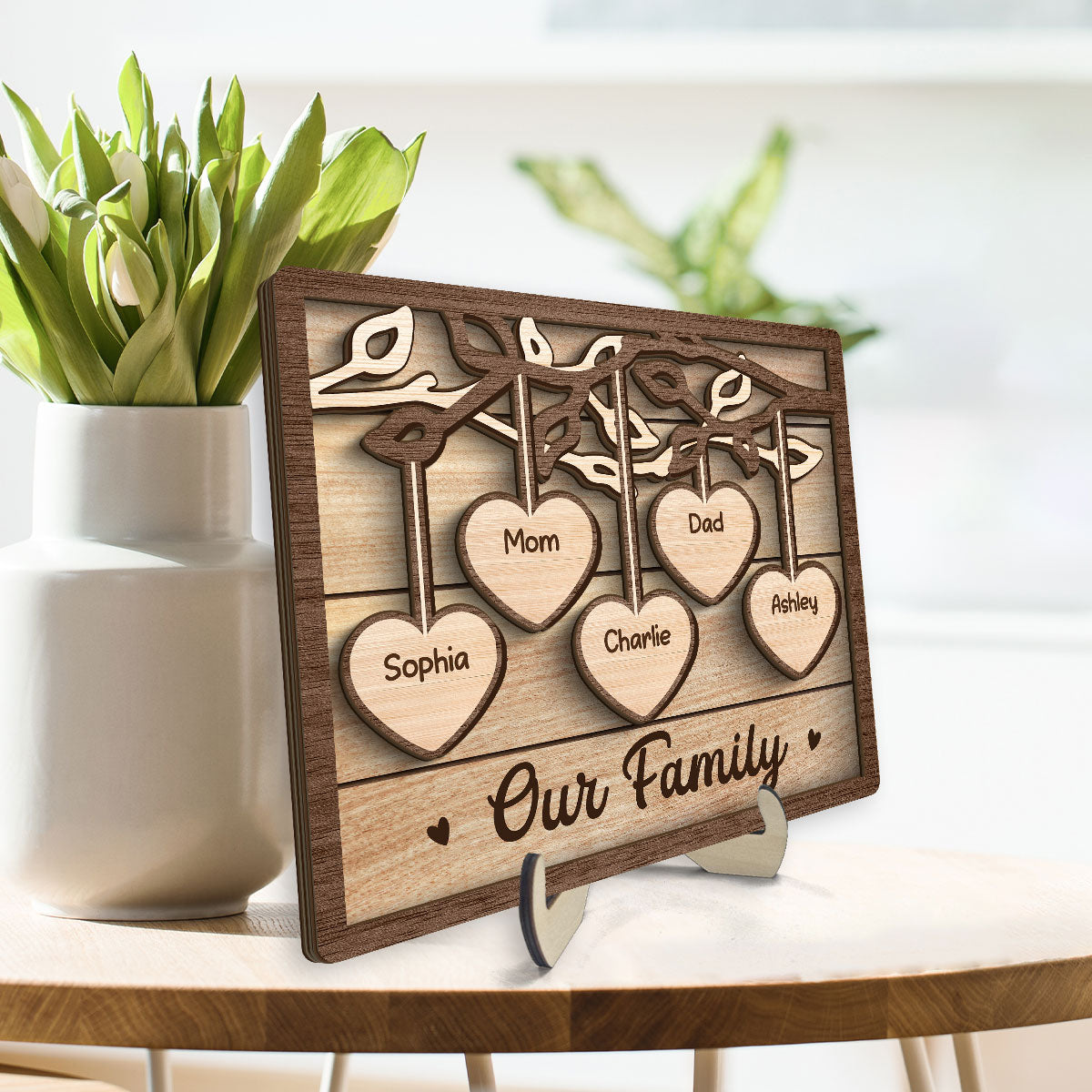 Family Tree Sign Grandkids Names Hanging Hearts Home Decor Personalized 2-Layer Wooden Plaque