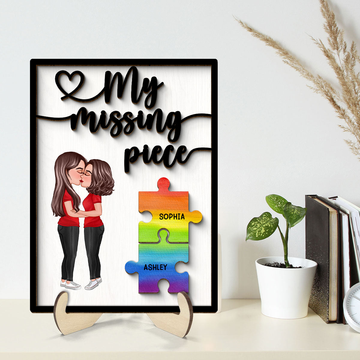 My Missing Piece Couple Kissing Puzzle Pieces LGBTQ+ Couple Pride Month Personalized 2-Layer Wooden Plaque