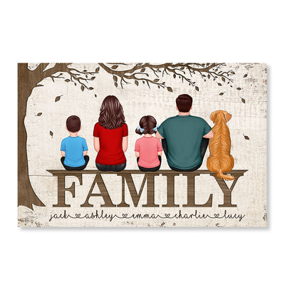 Family Couple Kid Dog Cat Back View Sitting Under Tree Personalized Horizontal Poster