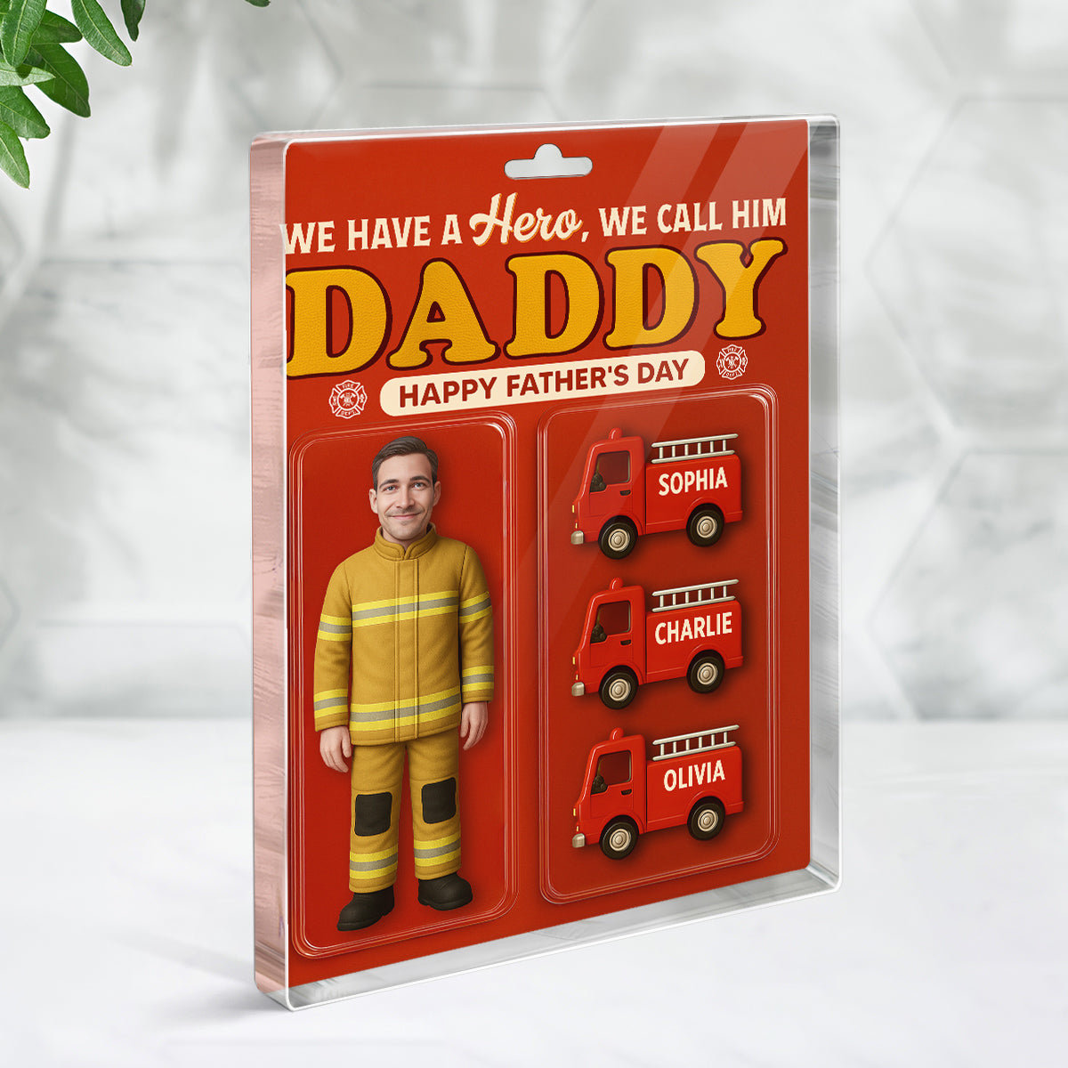 Firefighter Dad Hero Custom Figure 3D Effect Personalized Flat Acrylic Block Plaque, Unique  Gift For Dad