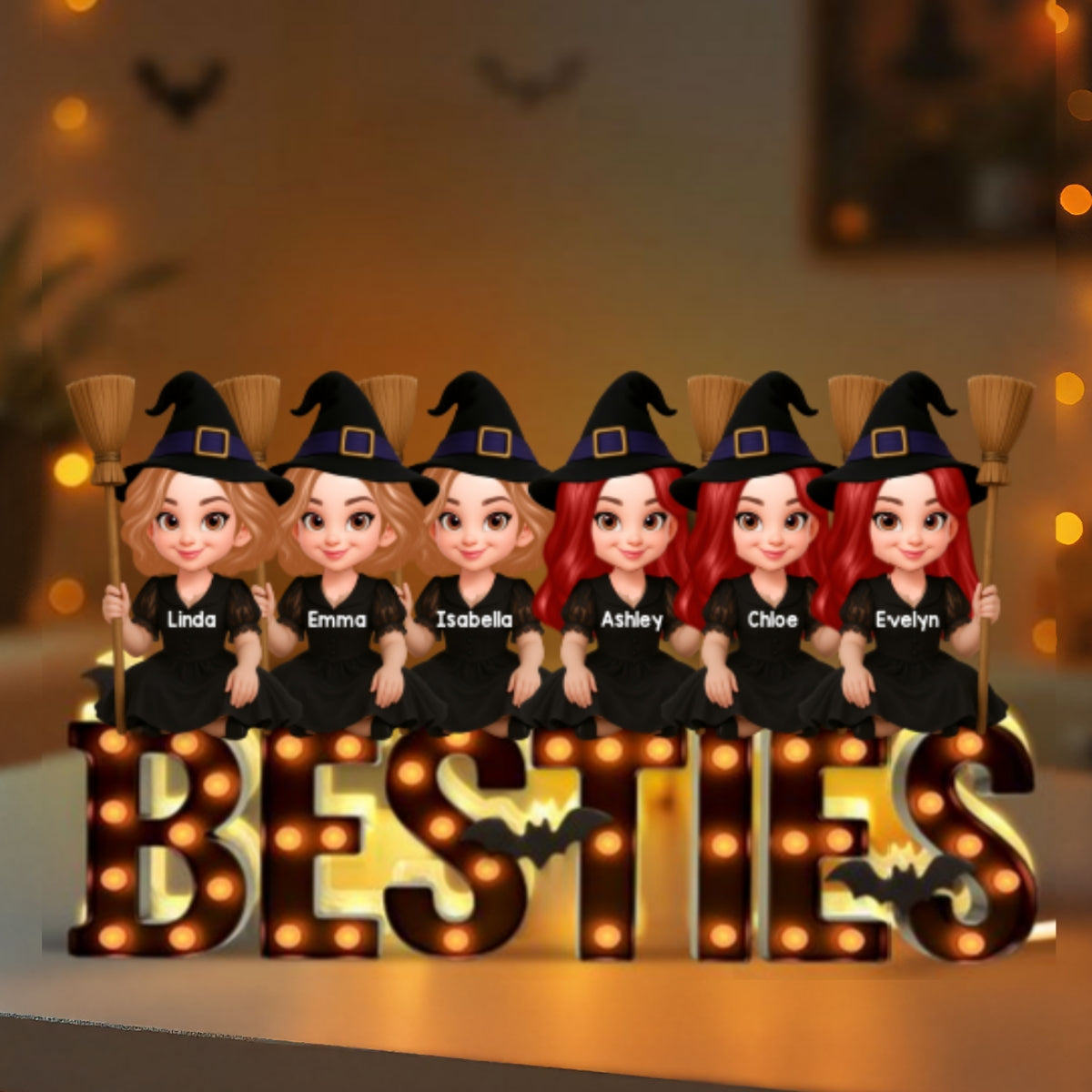 Halloween Besties Sisters Witches Sitting On Marquee Personalized Light Box