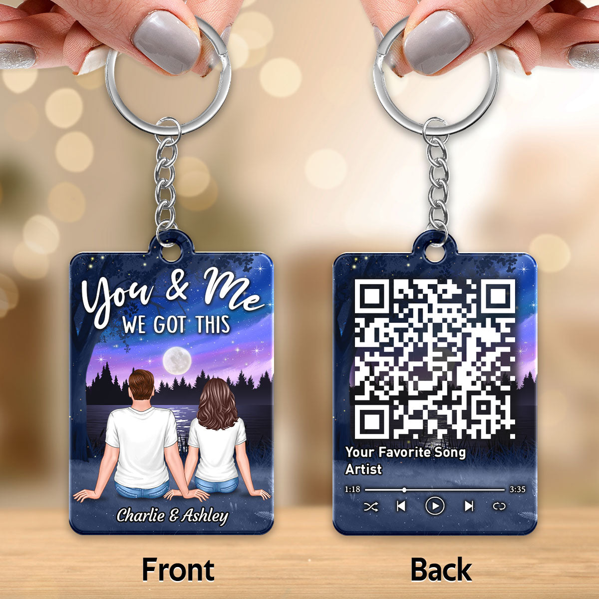 Doll Couple Sitting Lake Night Sky Favorite Song QR Code Personalized Acrylic Keychain