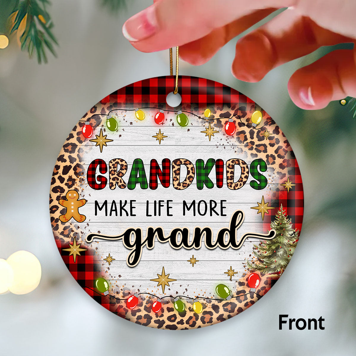 Checkered And Leopard Grandma Grandkids Sitting Personalized Double Sided Circle Ornament