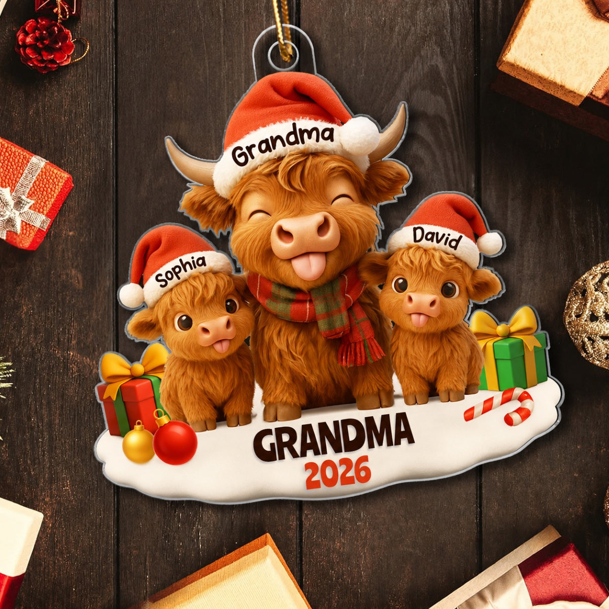 Grandma Grandkids Highland Cow Personalized Acrylic Ornament, Christmas Gift for Grandma, Grandkids