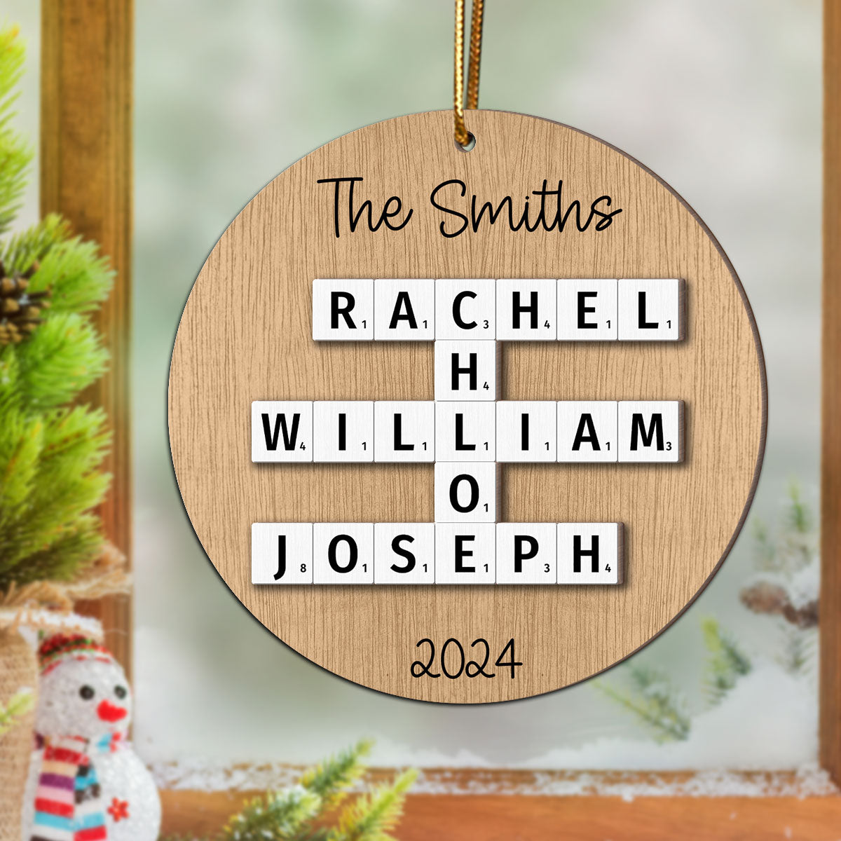 Rustic Family Names Crossword Puzzle Art Personalized 2-Layer Wooden Ornament, Christmas Gift For Family, For Parents, Grandparents, Siblings, Children