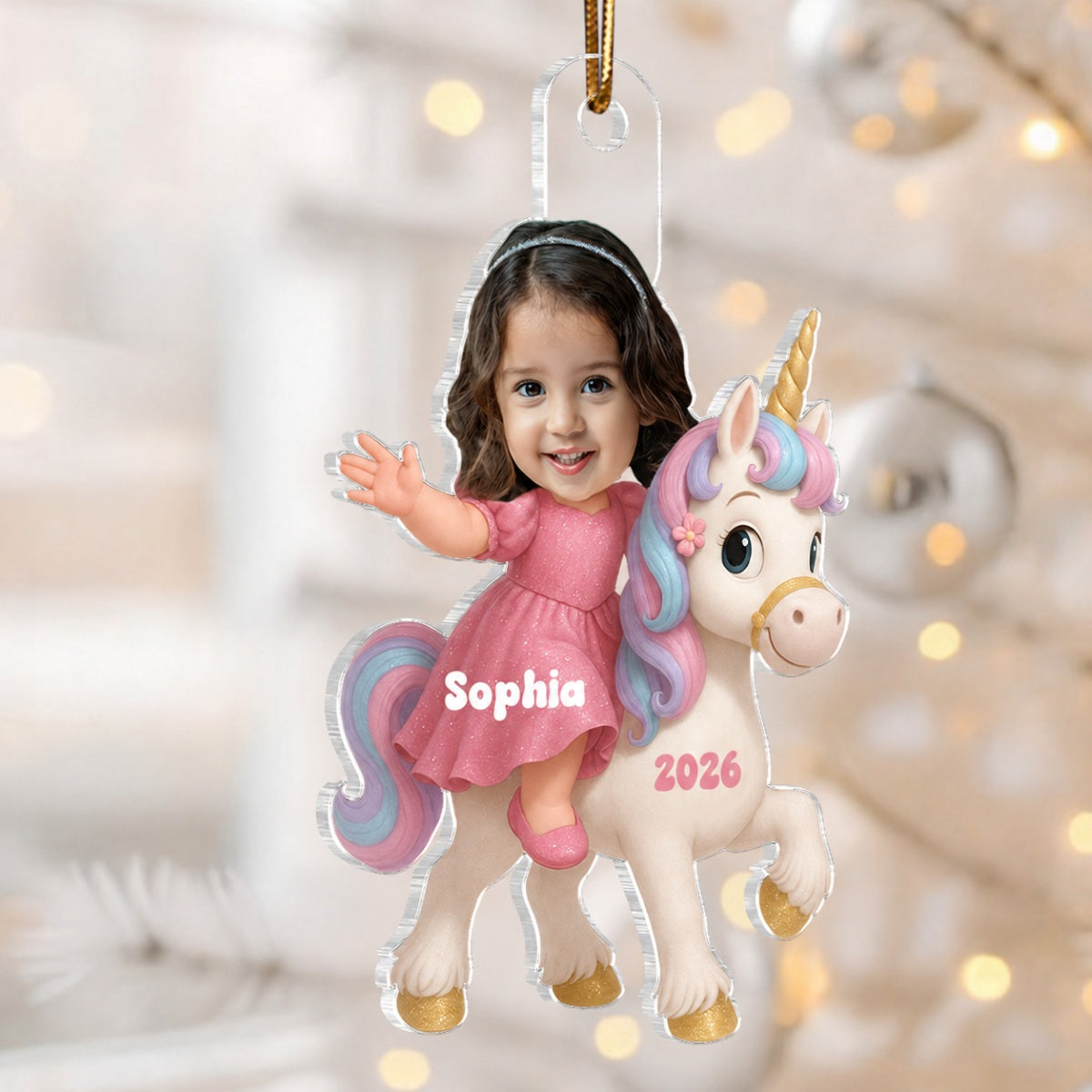 3D Effect Custom Kid Photo Face With Unicorn Christmas Personalized Acrylic Ornament