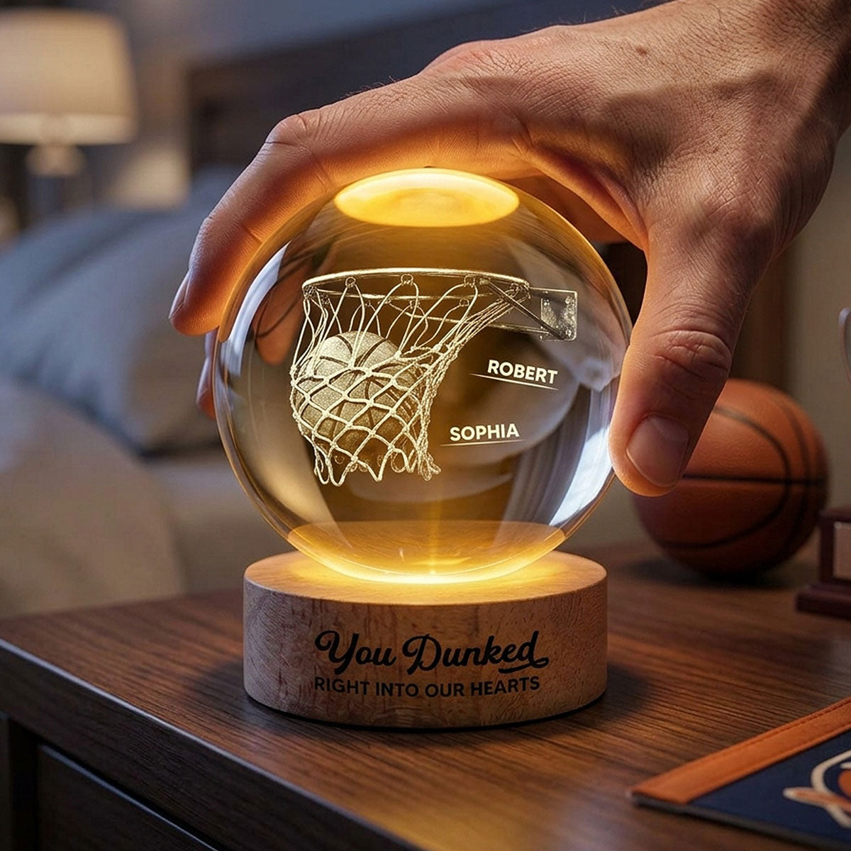 We Dunked Right Into Our Heart - Personalized Crystal Ball LED Night Light - Father's Day Gift For Basketball Dad