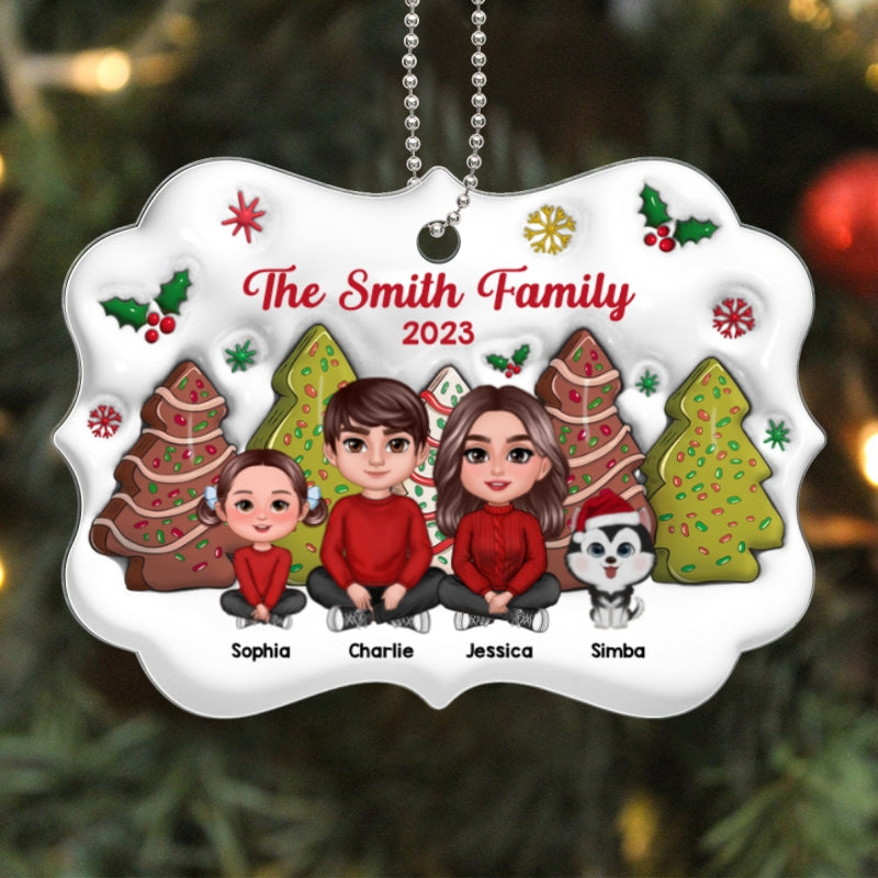 3D Christmas Tree Cakes Inflated Family Sitting Crossed Legs Personalized Acrylic Ornament