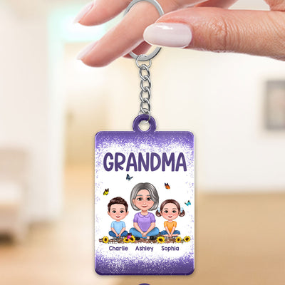 Purple Grandma Mom Kids Butterflies Personalized Acrylic Keychain
