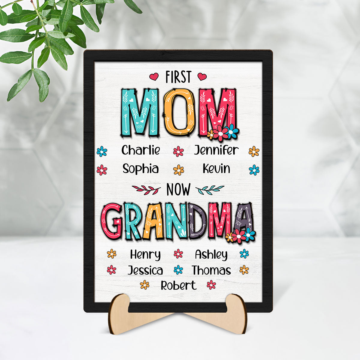 First Mom Now Grandma Floral Personalized 2-Layer Wooden Plaque