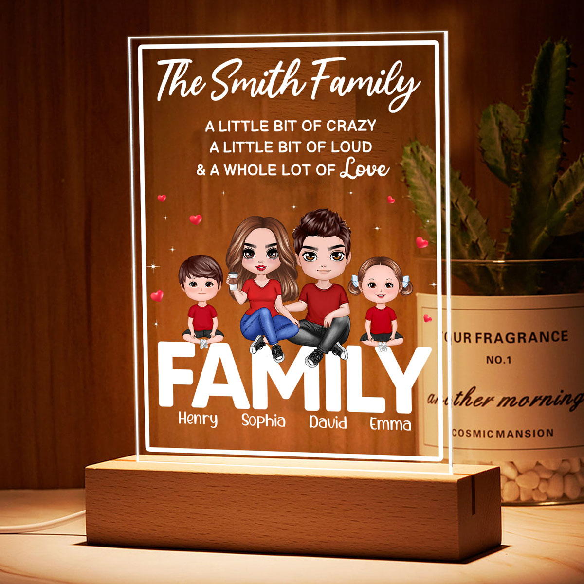 Doll Family Couple Dad Mom Kids Dogs Cats Sitting On Words Personalized Rectangle Acrylic Plaque LED Night Light