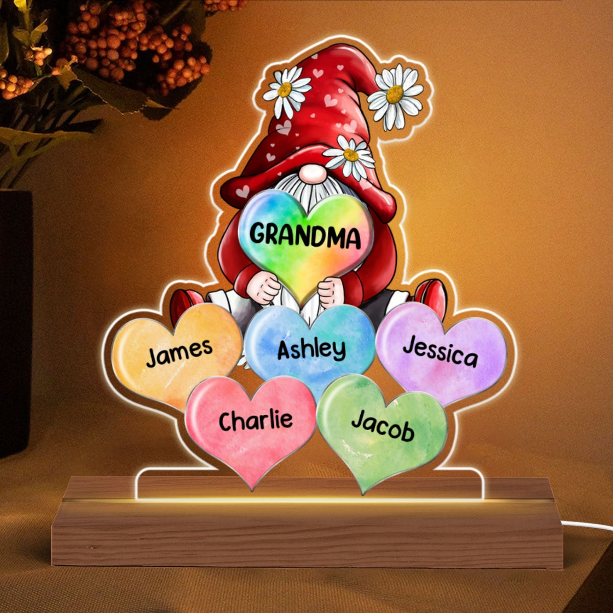 Grandma Mom Gnome Loves Colorful Sweethearts Personalized Custom Shaped Acrylic Plaque With LED Night Light