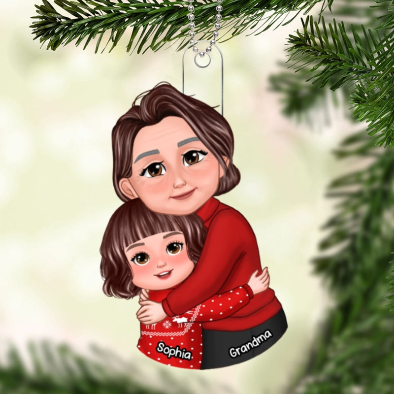 Christmas Happy Face Grandma & Grandkid Hugging Personalized Acrylic Ornament