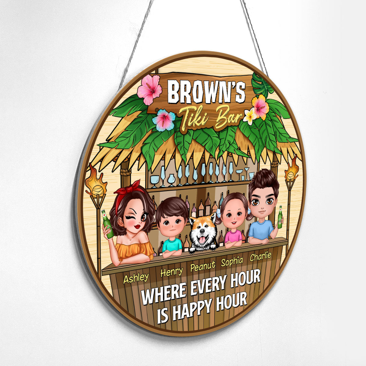 Welcome To Our Tiki Bar Family Couple Personalized Wood Door Hanger Sign