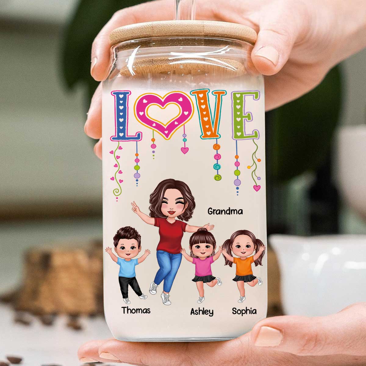 LOVE Happy Doll Grandma With Kids Personalized Clear Glass Can