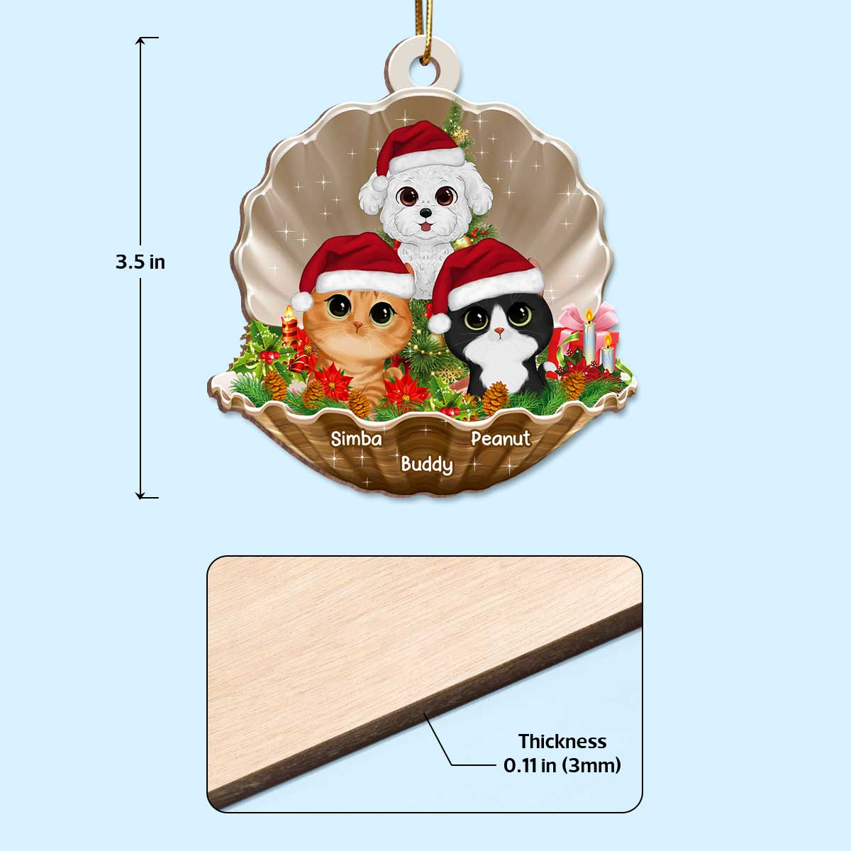 Watercolor Cute Dogs And Cats In Pearl Shell Christmas Personalized Wooden Ornament