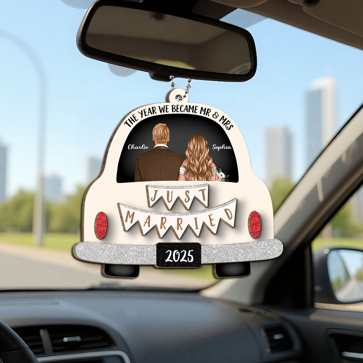 Groom & Bride In Car Personalized 2-Layer Wooden Ornament | Just Married Newlyweds Marriage Keepsake