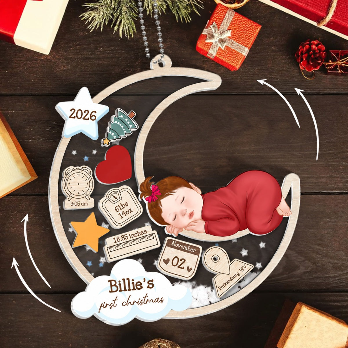 Baby Sleeping On Moon First Christmas Personalized 4D Shaker Ornament, Custom Newborn Gift