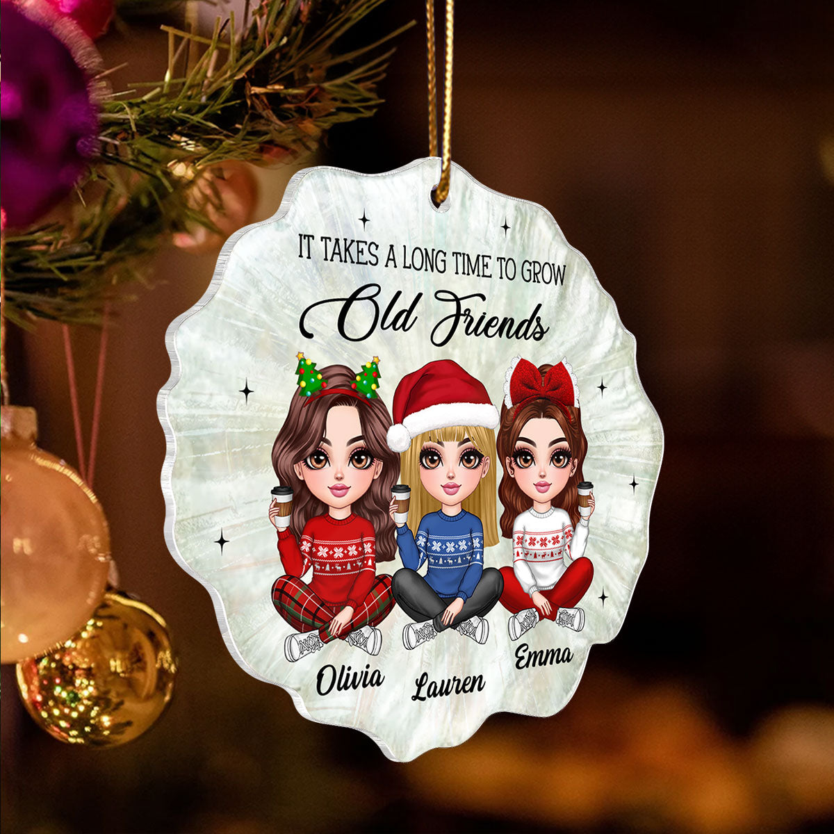 Pretty Girls Seashell Pearl Pattern Besties Sisters Personalized Acrylic Ornament