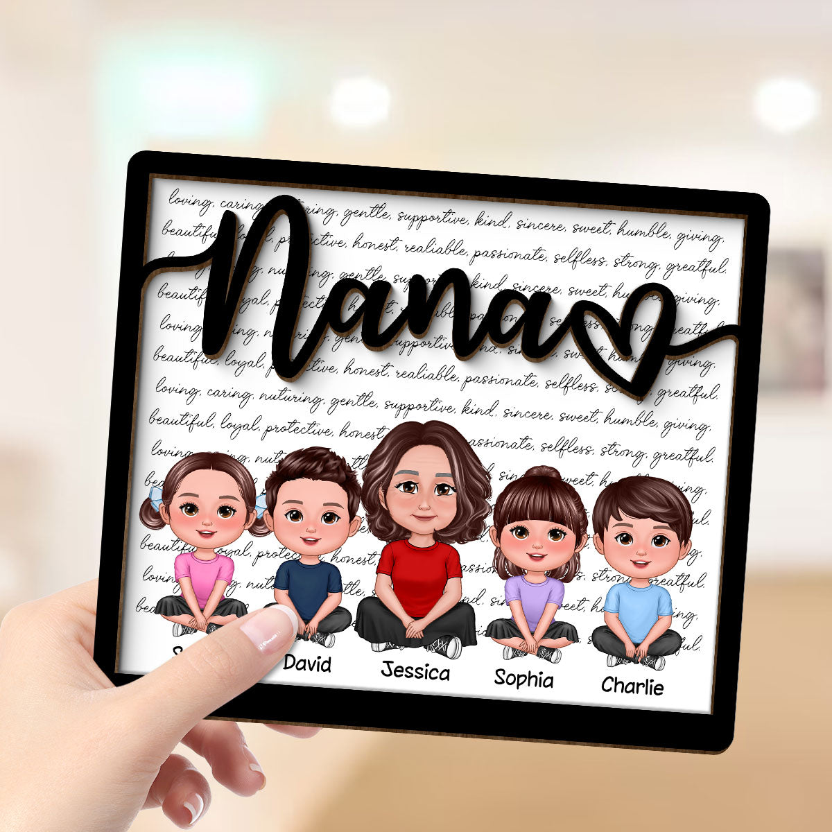 Grandma Mom Kids Crossed Legs Characters Personalized 2-layer Wooden Plaque, Gift For Mom, For Grandma