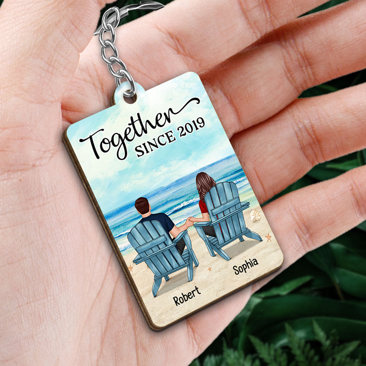 Couple Back View Sitting At Beach Favorite Song Scannable QR Code Personalized Wooden Keychain