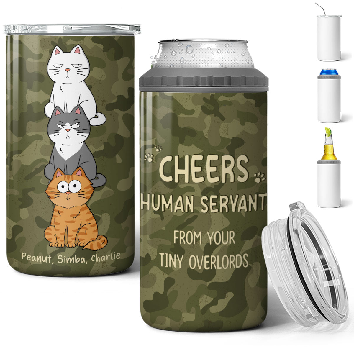 Happy Father‘s Day Human Servant Stacked Funny Cute Cat Gift For Cat Lover Personalized 4 In 1 Can Cooler