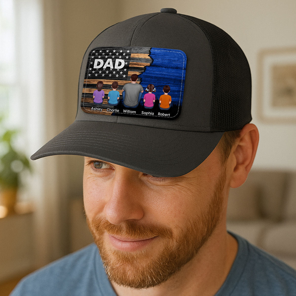 Dad Grandpa Papa Back View Sitting With Kids Half Nation Flag Personalized Leather Patch Hat