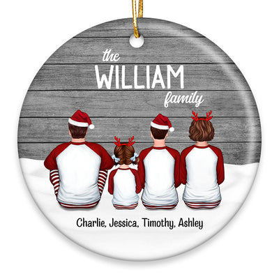 Family Sitting With Dogs Cats Snow Wood Personalized Circle Ornament