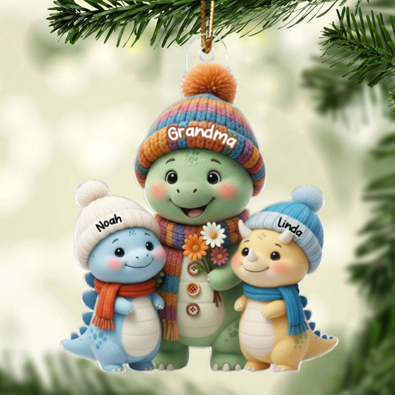 Cute Dinosaur Grandma & Grandkids - Personalized Acrylic Ornament - Christmas Gift for Grandma