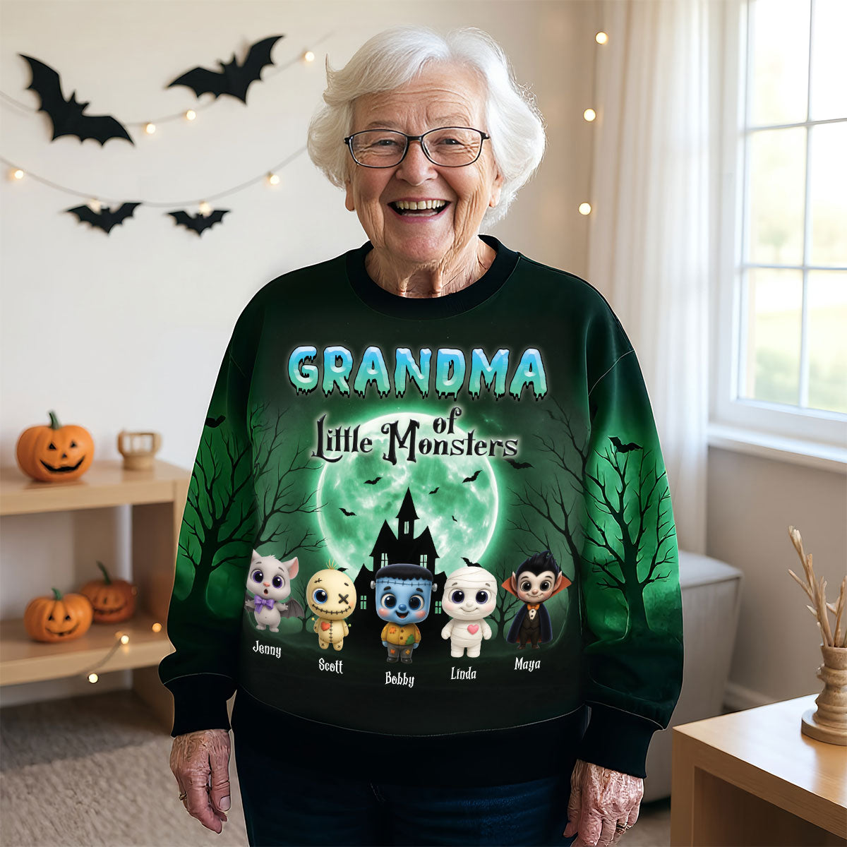 Grandma Mom Little Monsters Teal Theme Personalized 3D Sweatshirt, Halloween gift for Grandma