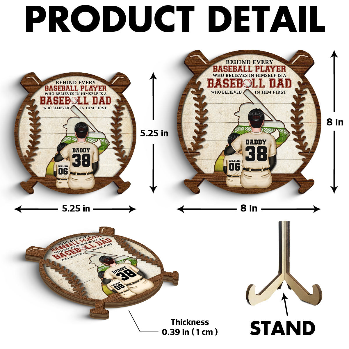 Baseball Dad Behind Every Baseball Player Personalized 2-Layer Wooden Plaque