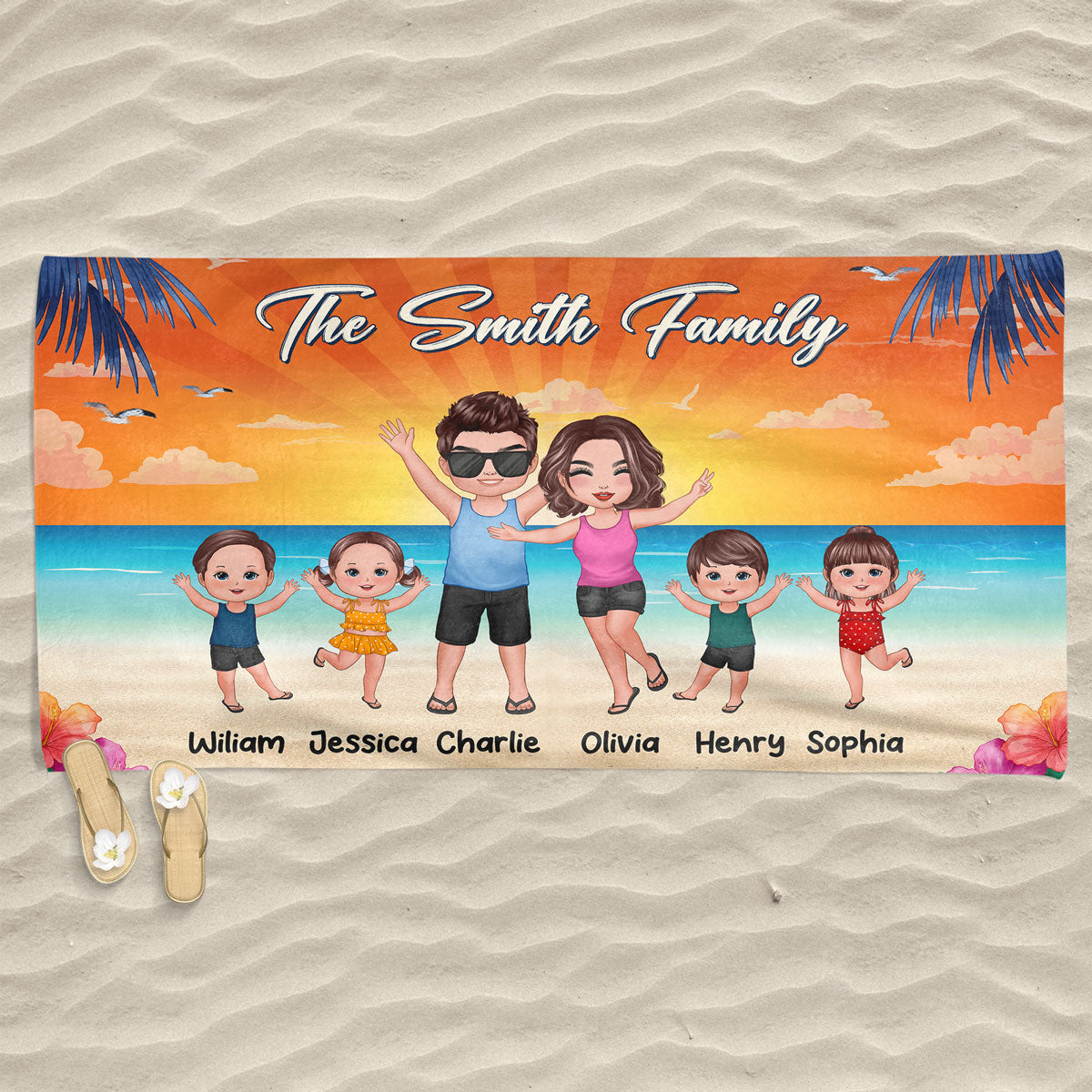 Whole Family Happy Couple Dad Mom Kids Dogs Cats Personalized Beach Towel