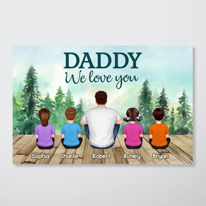 Forest Landscape Dad Grandpa We Love You Back View Dad And Kids Dogs Cats Sitting Personalized Horizontal Poster