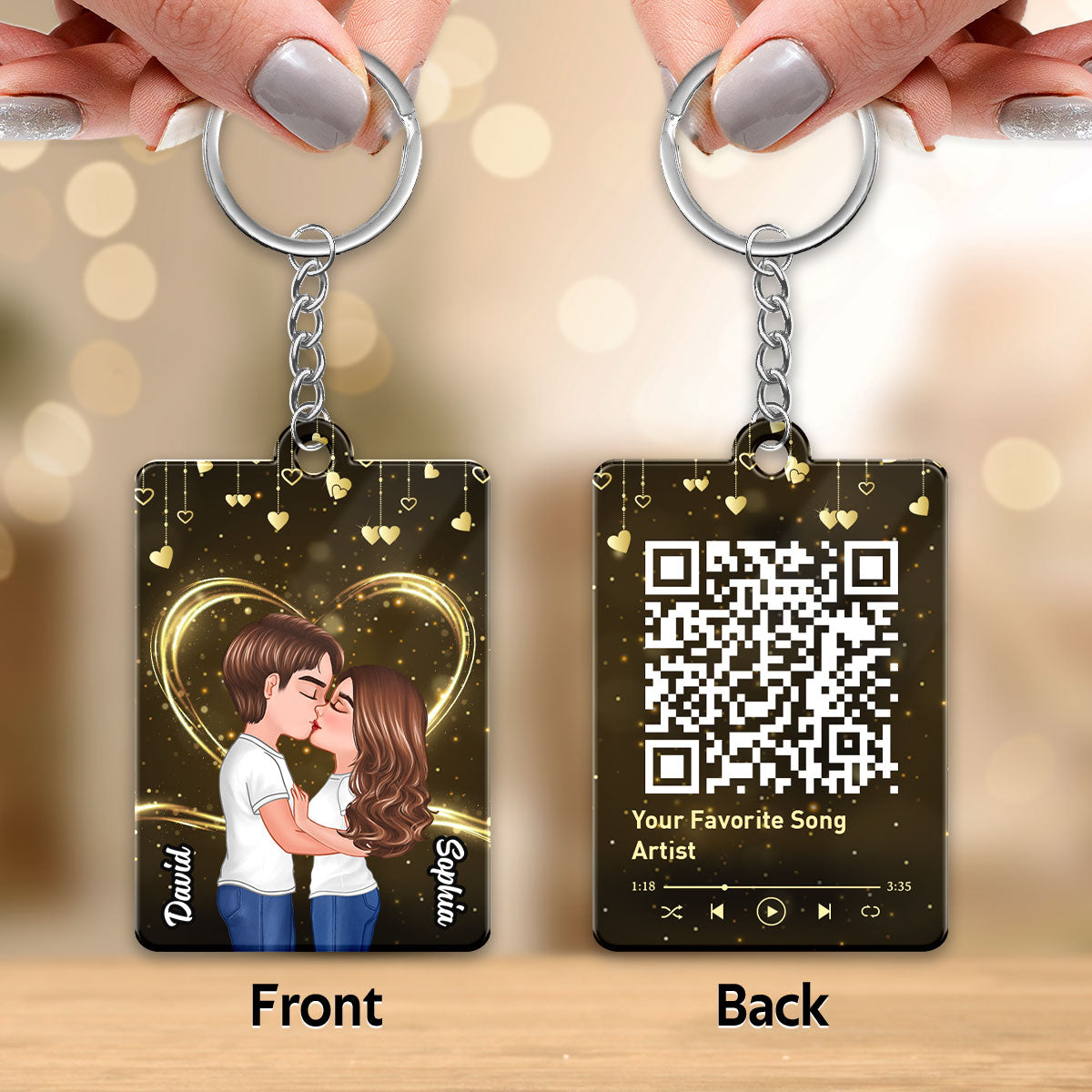 Doll Couple Kissing Golden Stars Favorite Song QR Code Personalized Acrylic Keychain