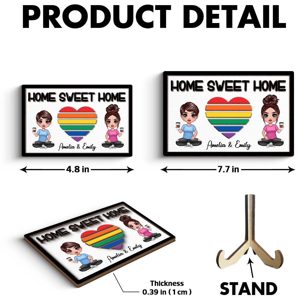 Home Sweet Home LGBT Couple Personalized 2-layer Wooden Plaque