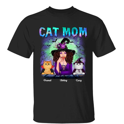 Halloween Neon Green And Purple Cat Mom Witch Personalized Shirt