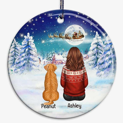 Woman And Dog Sitting Christmas Night Personalized Circle Ornament