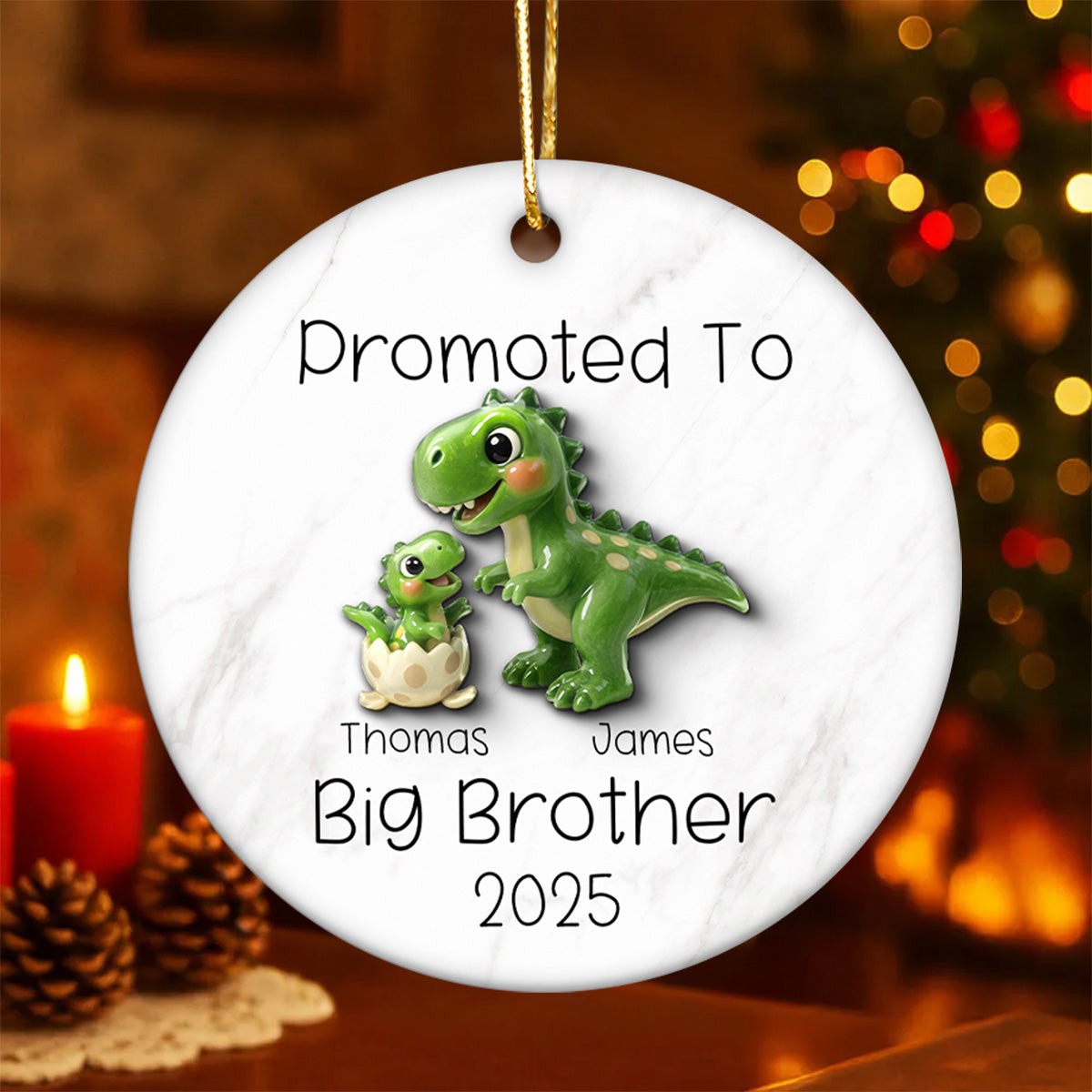 Promoted To Big Brother Big Sister 3D Effect Cute Dinosaurs - Personalized Ceramic Ornament - Proud New Big Sibling Gift