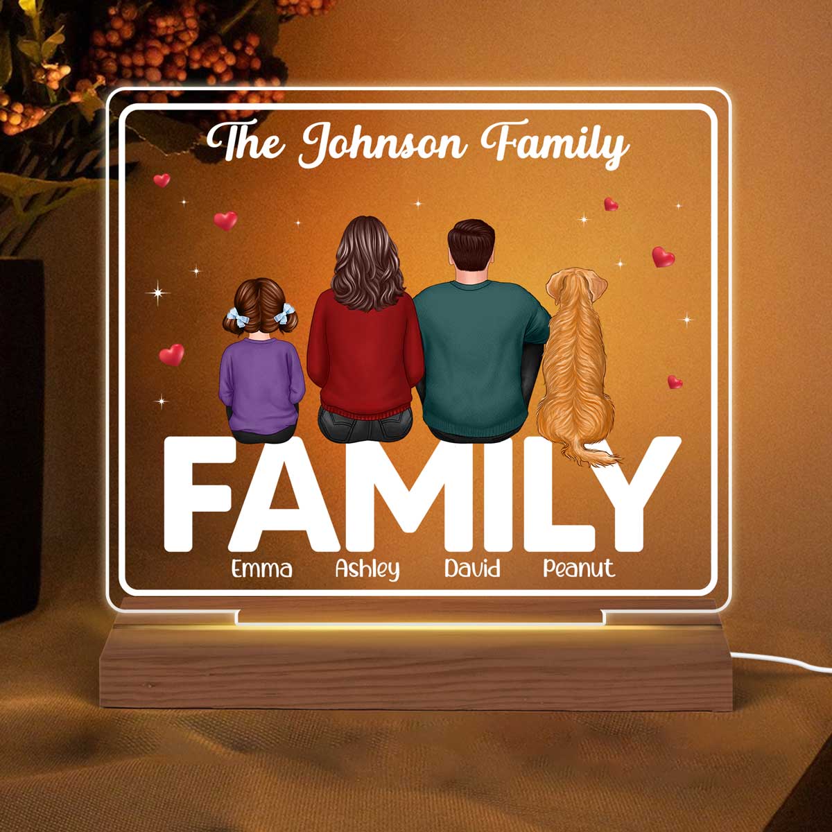 Whole Family Back View Couple Dad Mom Kids Dogs Cats Sitting On Words Personalized Custom Shape Acrylic Plaque LED Night Light