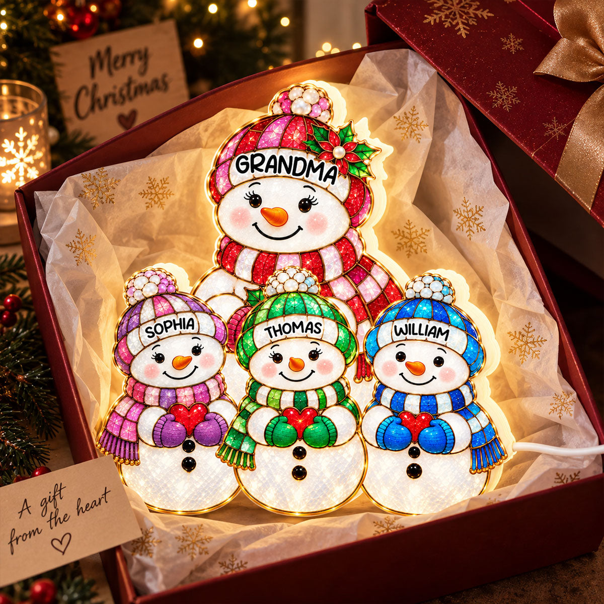 Cute Snowman Grandma Grandpa & Grandkids 2D Flat Printed - Personalized Light Box - Christmas Decor For Family, Grandma, Grandpa