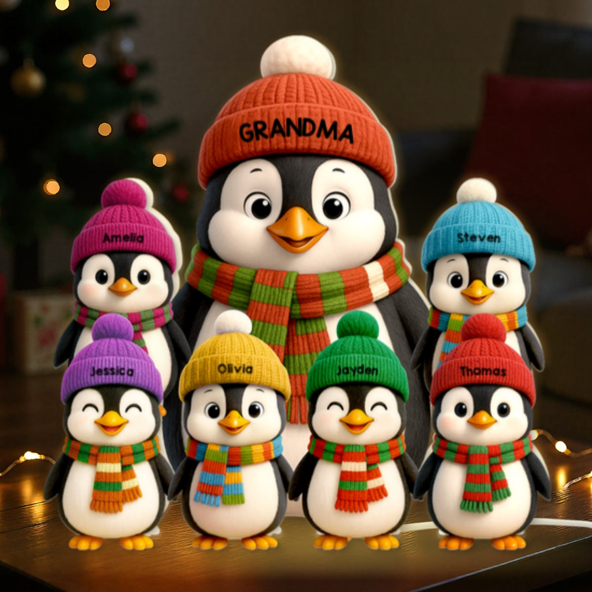 3D Effect Heartwarming Christmas Penguins Grandma Grandkids - Personalized Light Box