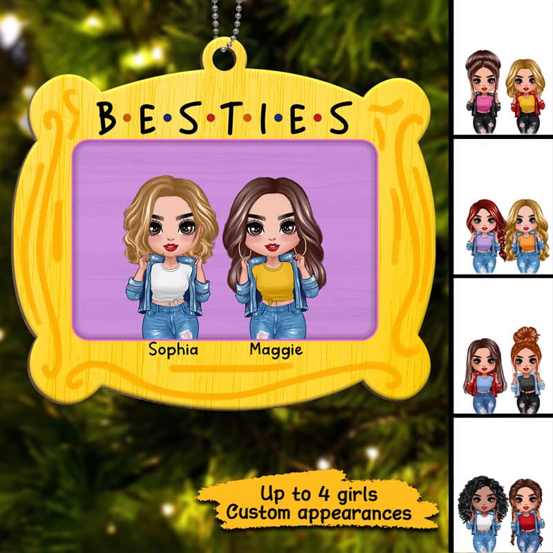 Besties Sisters Best Friends In Frame Personalized Christmas Wooden Ornament