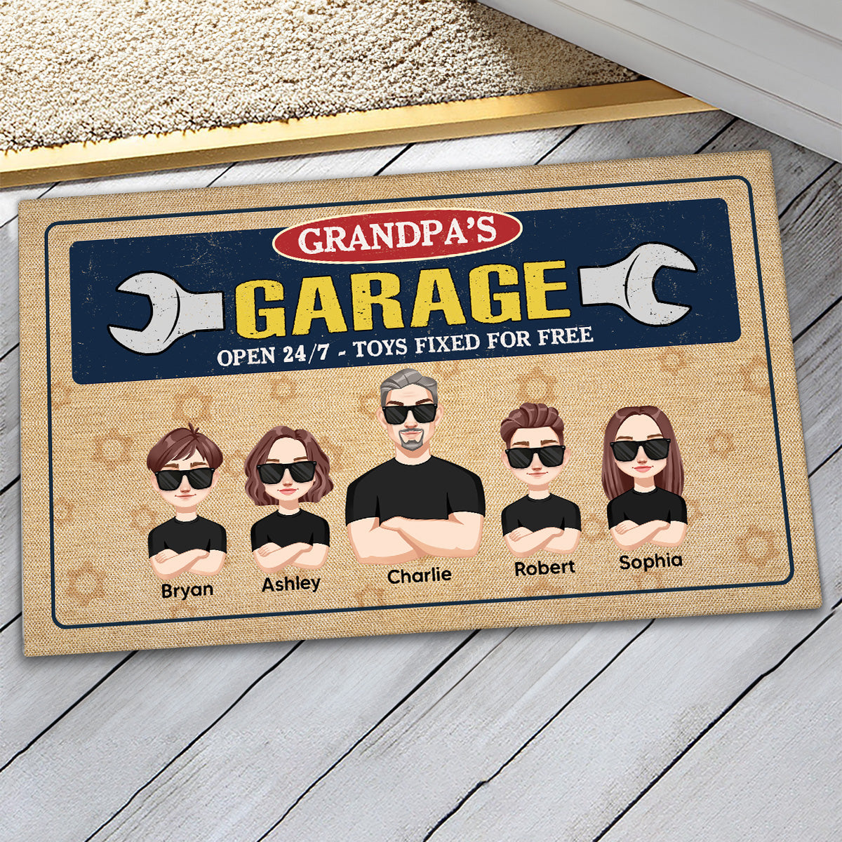 Grandpa Garage Man And Kids Personalized Doormat
