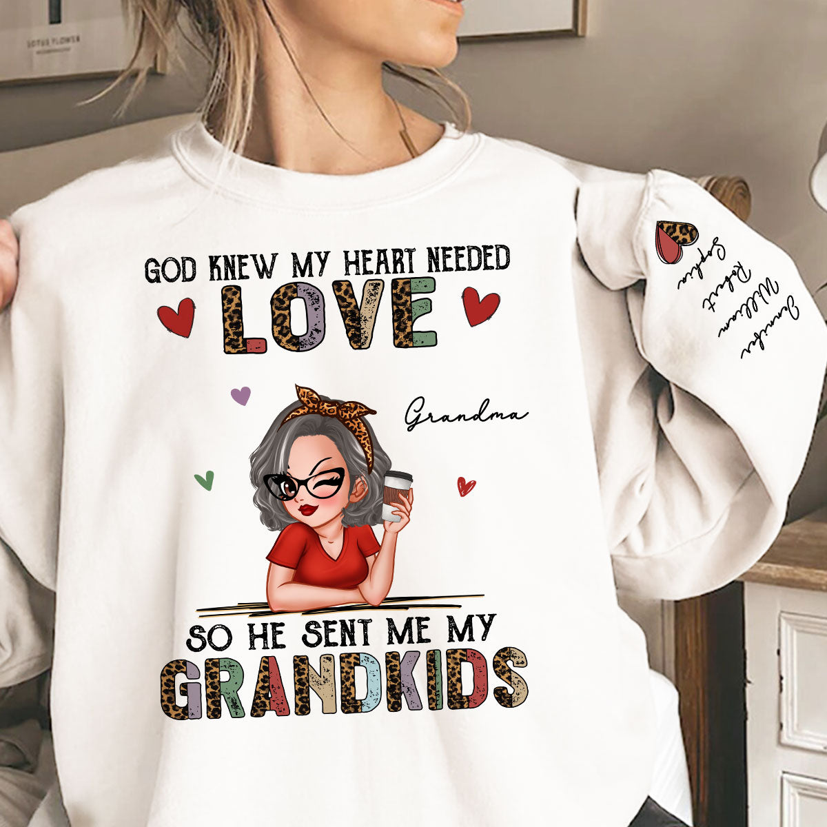 Colorful Half Leopard Love Grandkids Personalized Sleeve Printed Sweatshirt