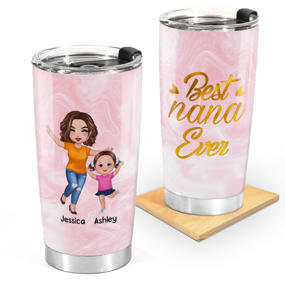 Best Grandma Mom Auntie Ever Pink Happy Doll Woman & Doll Kids Personalized Tumbler