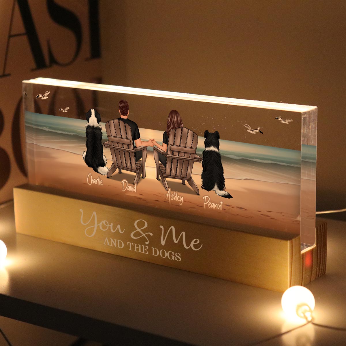 You Me And The Dogs Cats Couple Realistic Beach Landscape Personalized Acrylic Block LED Night Light