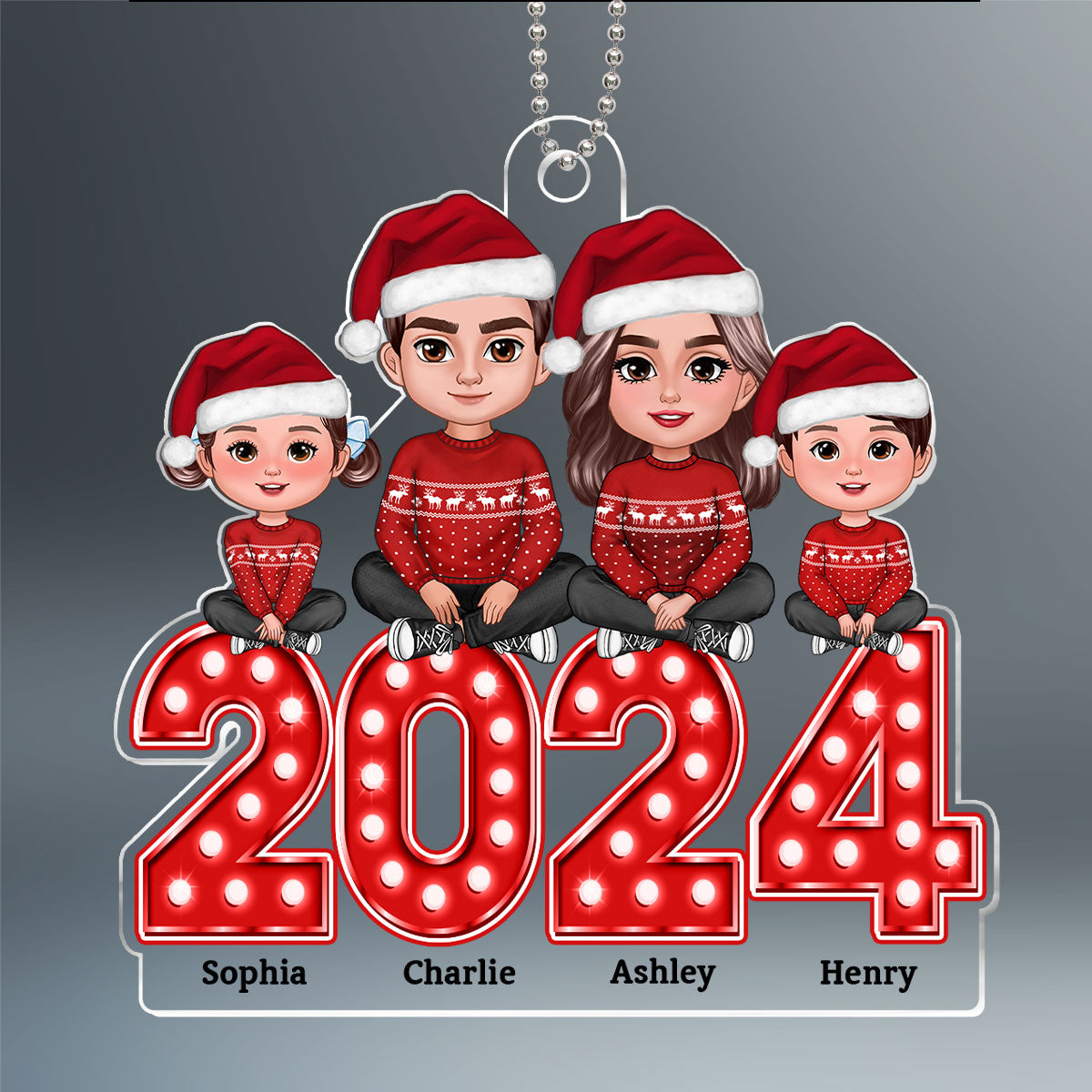 Family Sitting Crossed Legs On Marquee Letter Christmas Gift Personalized Acrylic Ornament