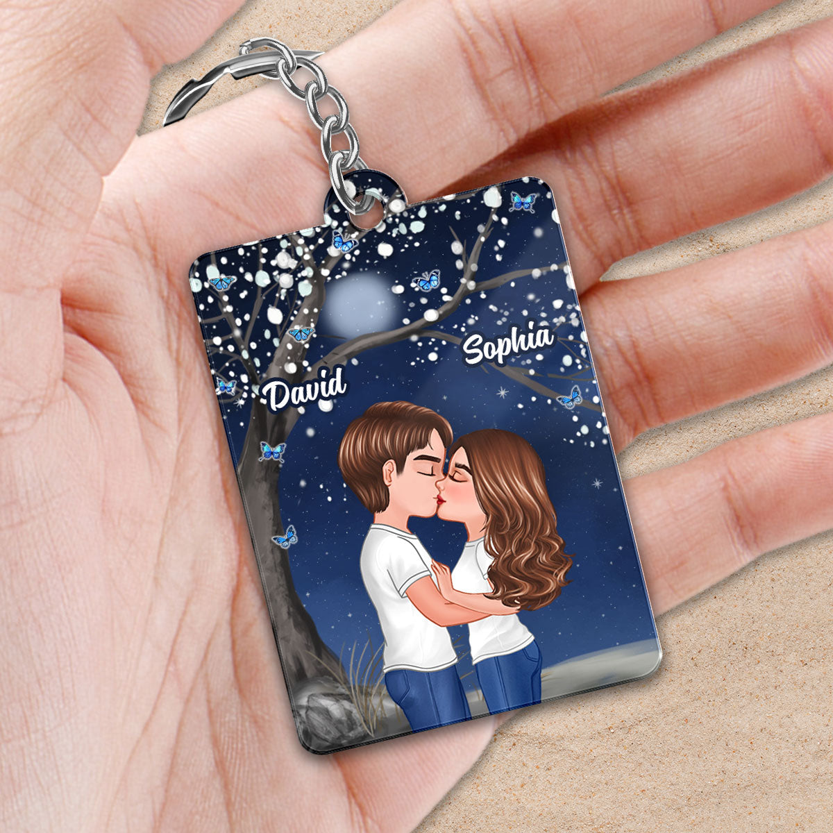 Blossom Tree Doll Couple Kissing In The Moon Night Favorite Song Scannable QR Code Personalized Acrylic Keychain