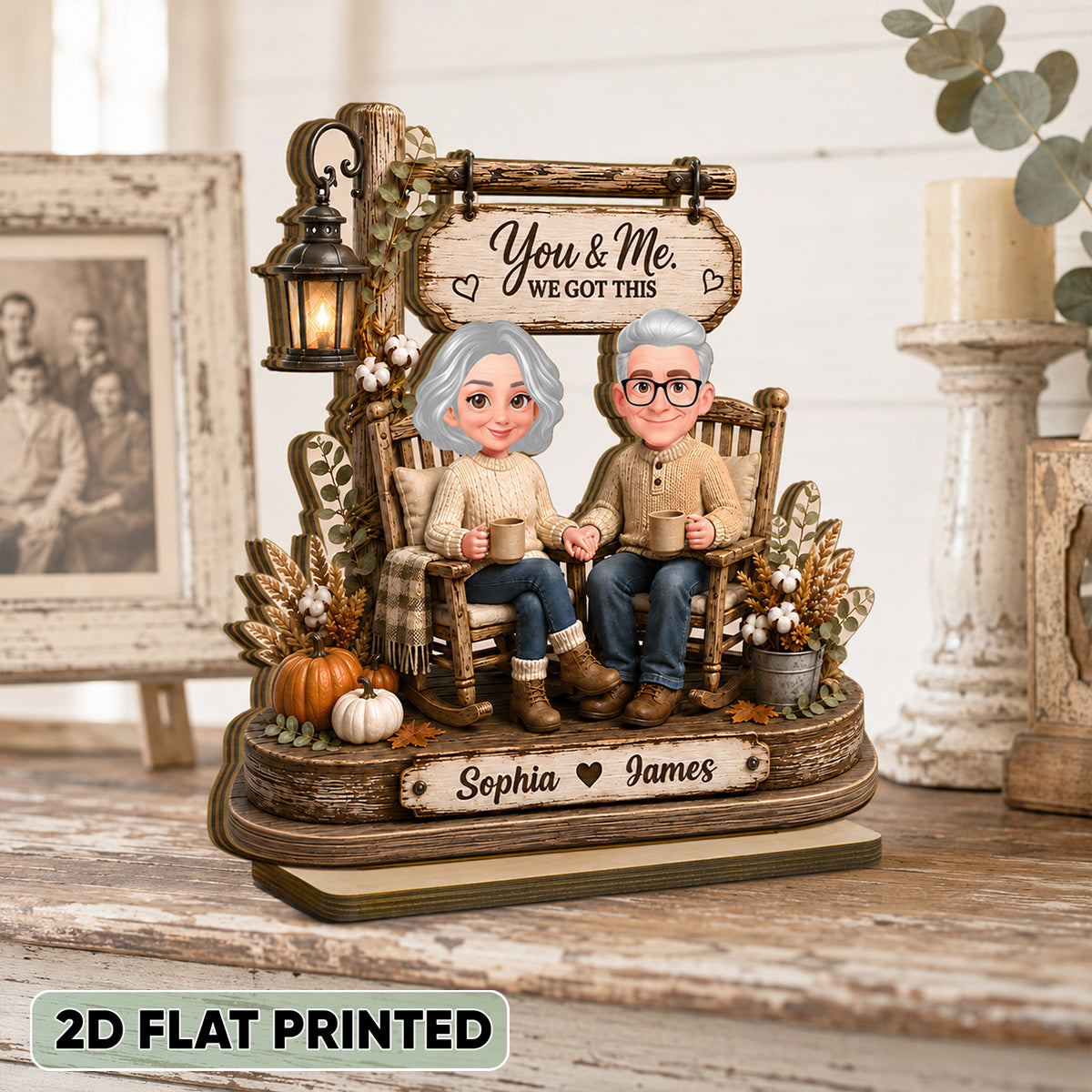 Husband Wife Sitting on Rocking Chair - Personalized 2-Layered Wooden Plaque - Anniversary Gift for Her, for Him